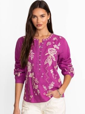 Johnny Was Field Henley Blouse Floral Embroidered 100% Linen Size Large
